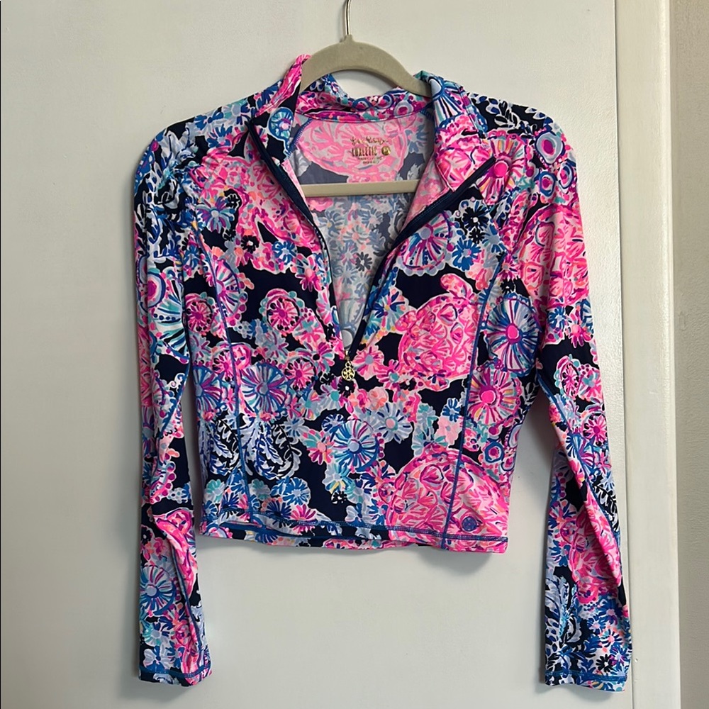 Lilly Pulitzer Pink and Blue Polo Collar Crop Athletic top